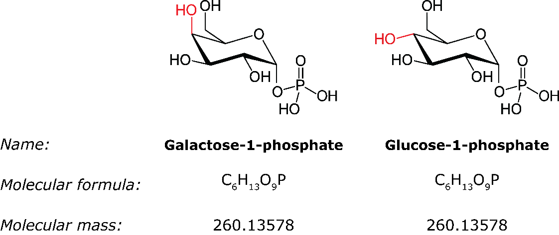 Figure 2. Structure and information of galactose-1-phosphate and glucose-1-phosphate. These metabolites have a different structure but the same molecular formula and exact mass, they are isomeric compounds.