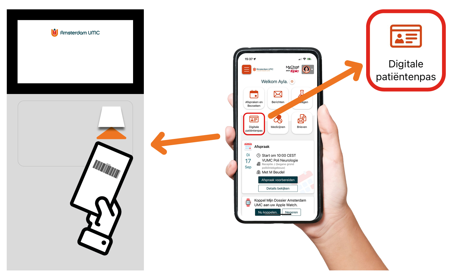 Aanmelden via de aanmeldzuil met digitale afspraakbrief of patiëntpas in de app